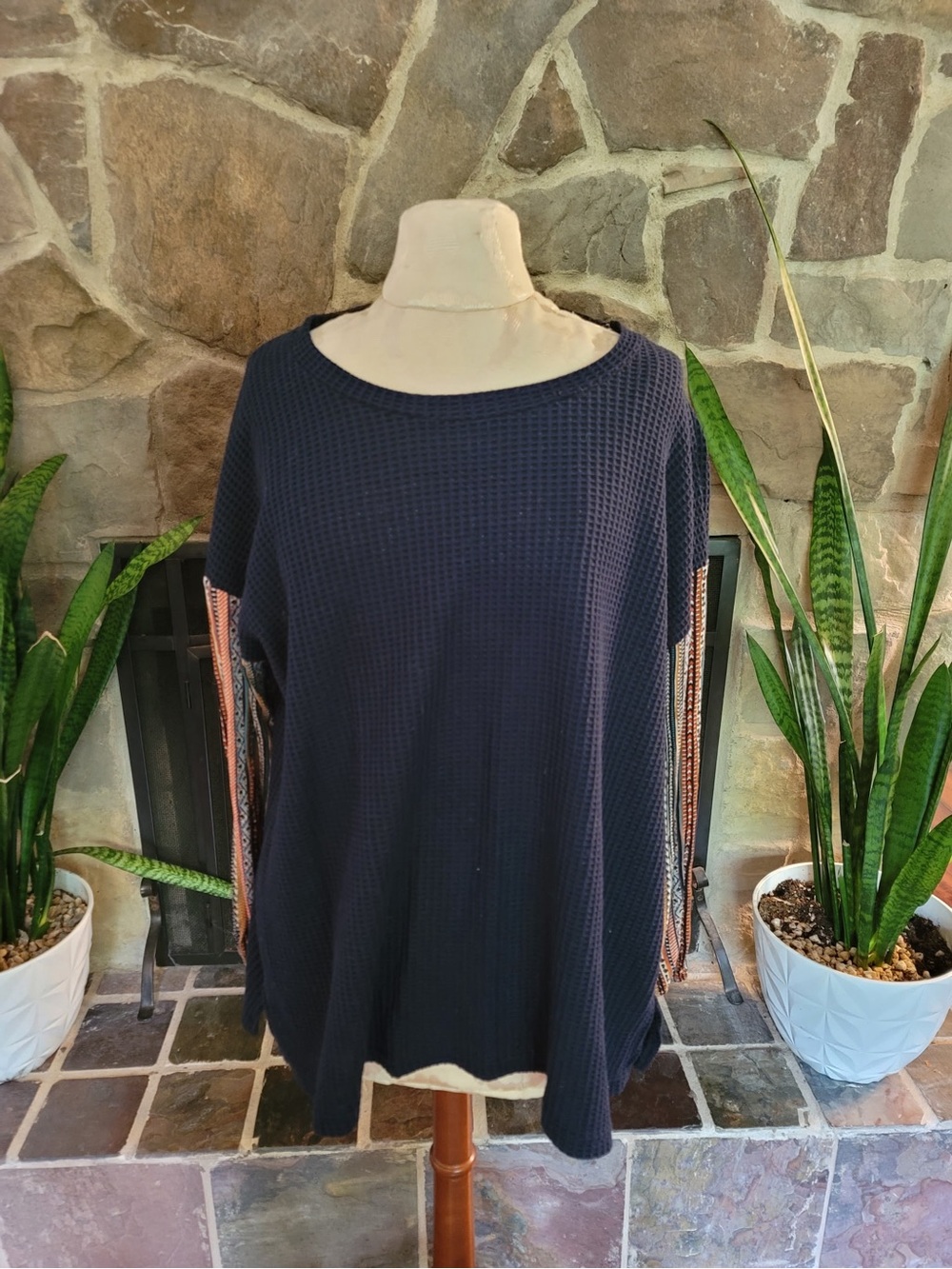 Weekend Navy Waffle Knit Tunic Top Sz 2X Dolman Sleeve Scoop Neck Plus Sweater